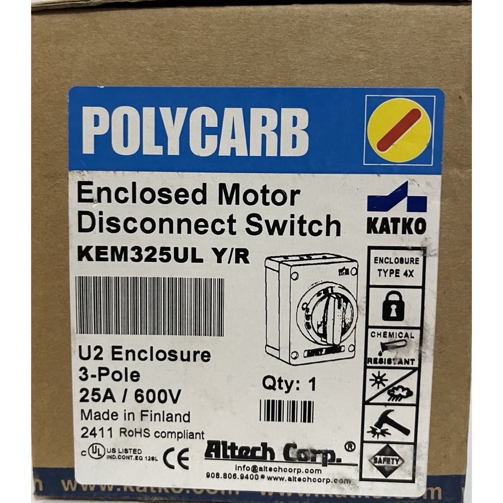 New KATKO KEM325UL Y/R enclosed motor disconnect switch 3-pole 25A 300V U2